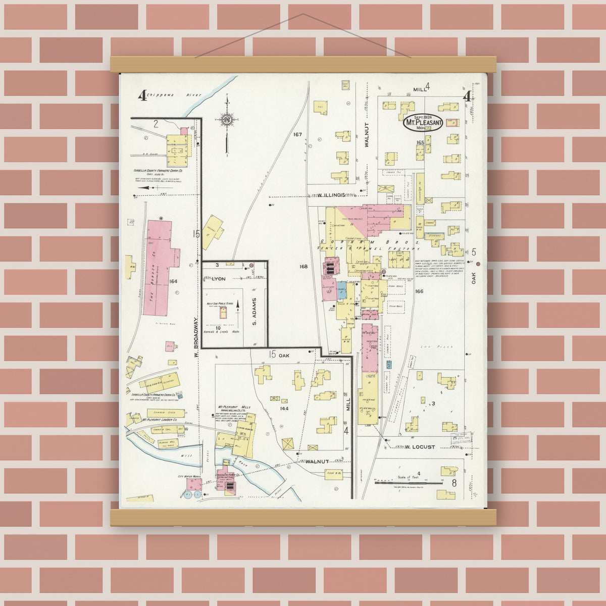 Old map wall art mockup — magnetic wood frame on brick wall — Sanborn Fire Insurance Map from Mount Pleasant, Isabella County, Michigan (1924), Sheet #0004