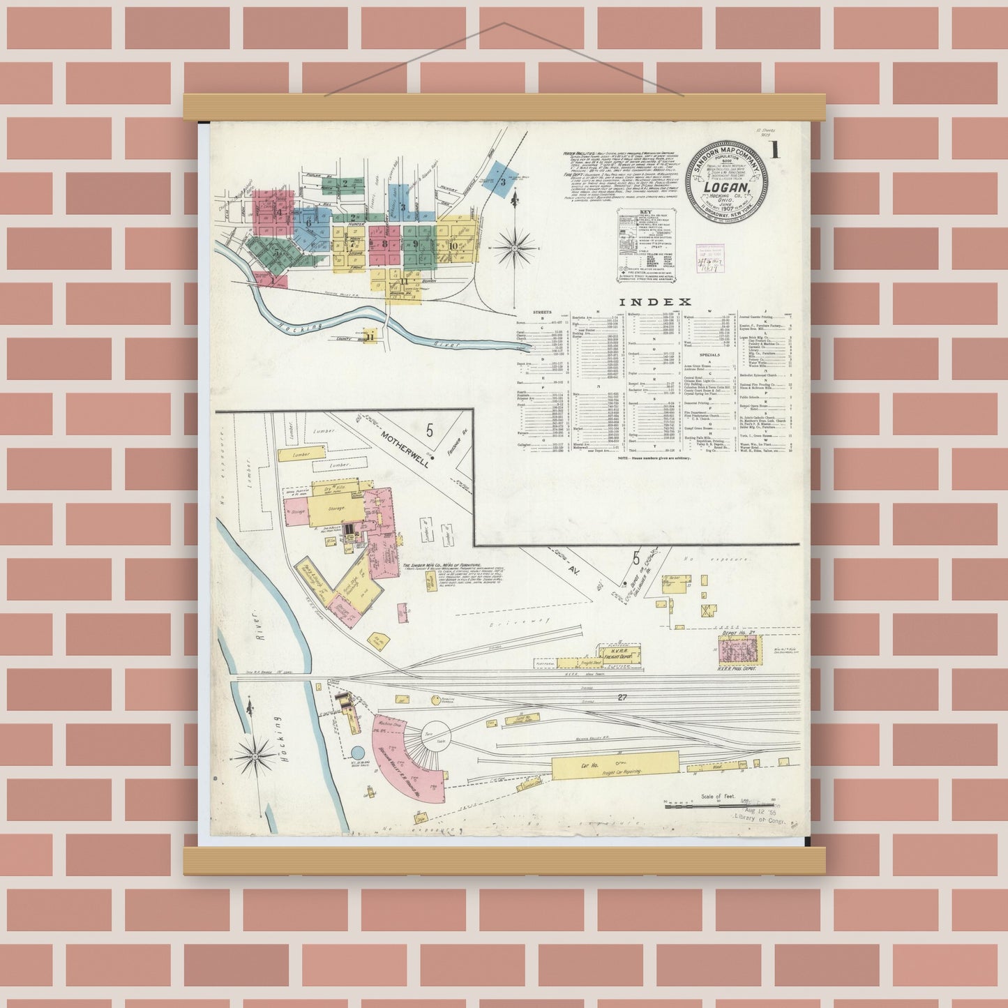 Old map wall art mockup — magnetic wood frame on brick wall — Sanborn Fire Insurance Map from Logan, Hocking County, Ohio (1907), Sheet #0001
