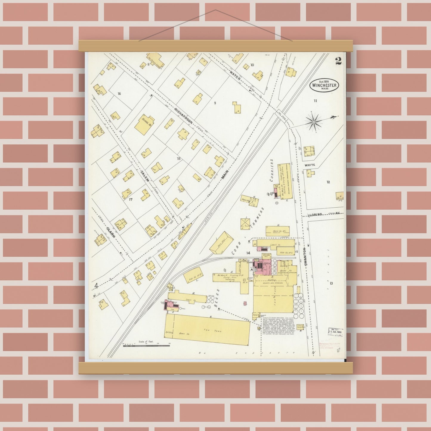 Old map wall art mockup — magnetic wood frame on brick wall — Sanborn Fire Insurance Map from Winchester, Middlesex County, Massachusetts (1899), Sheet #0002