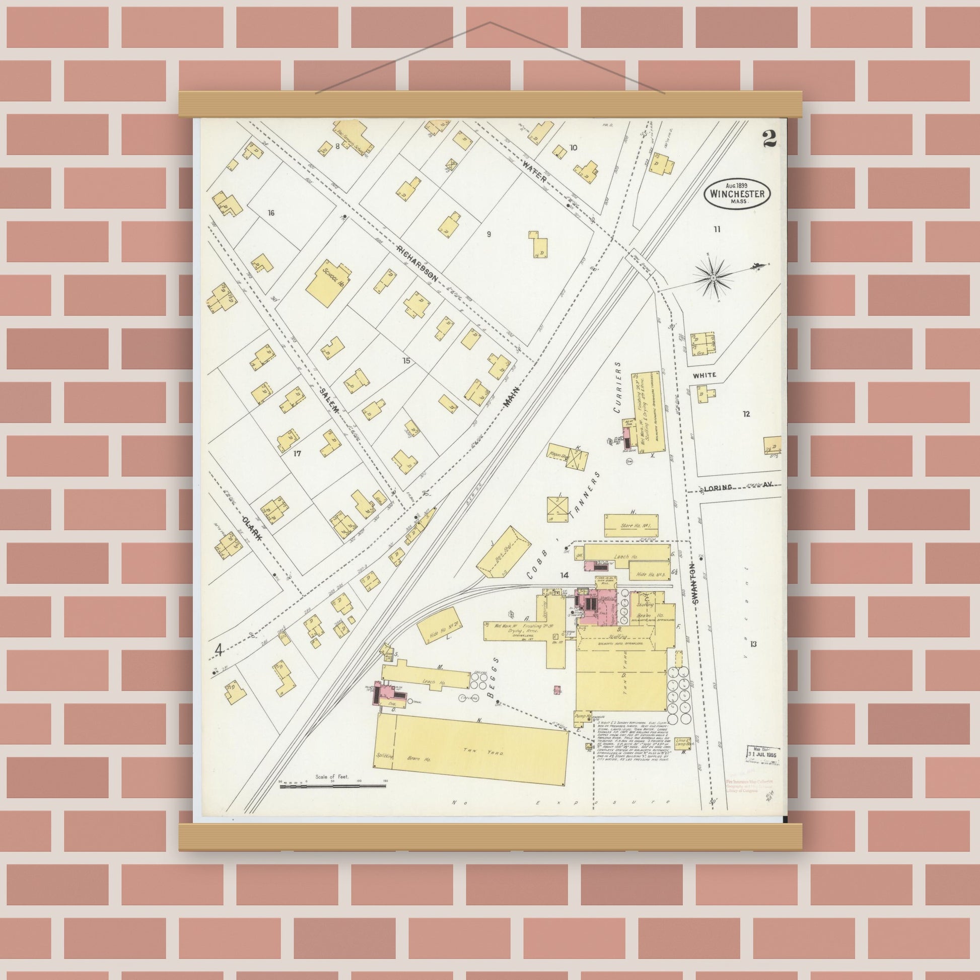 Old map wall art mockup — magnetic wood frame on brick wall — Sanborn Fire Insurance Map from Winchester, Middlesex County, Massachusetts (1899), Sheet #0002