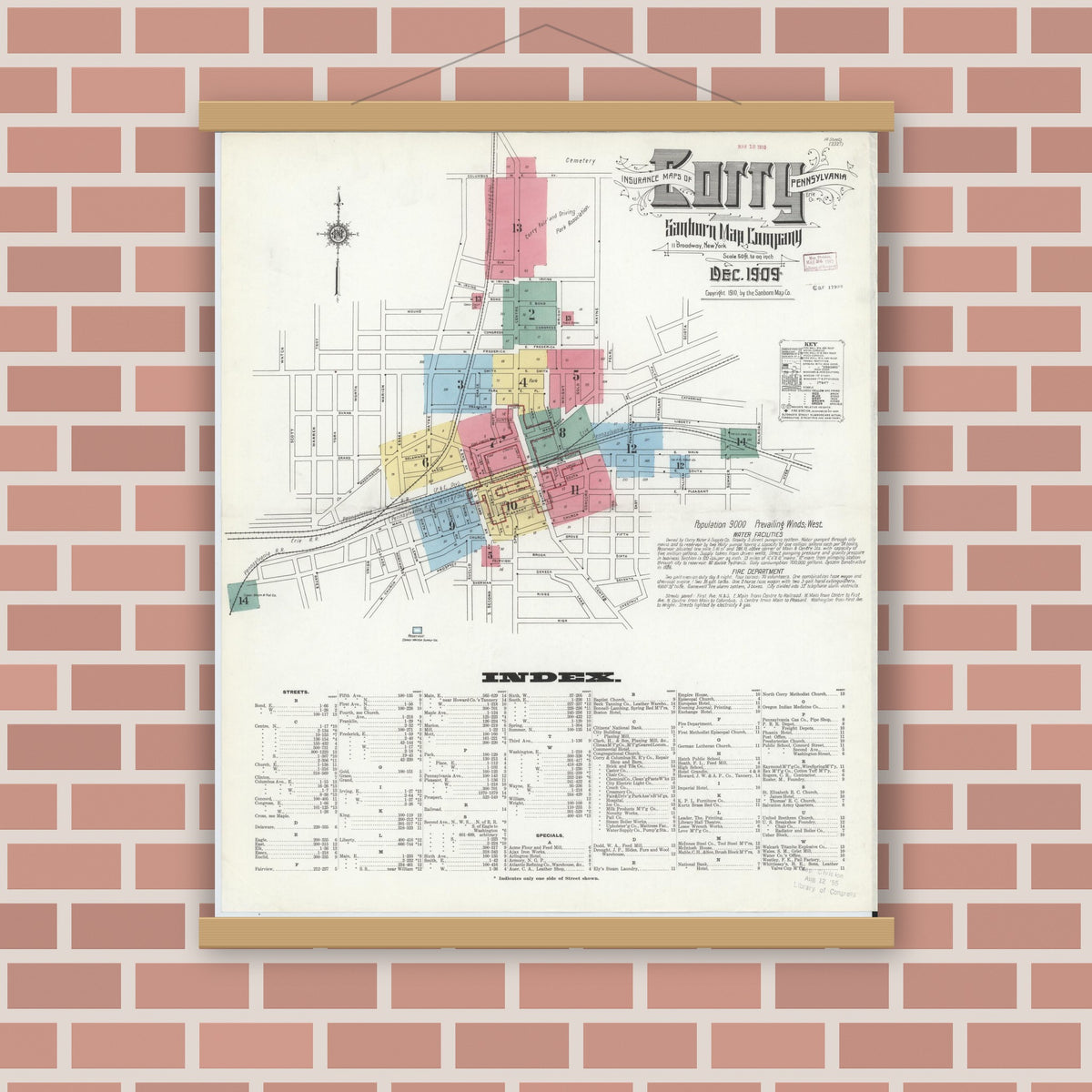 Old map wall art mockup — magnetic wood frame on brick wall — Sanborn Fire Insurance Map from Corry, Erie County, Pennsylvania (1909) - Complete Map Set