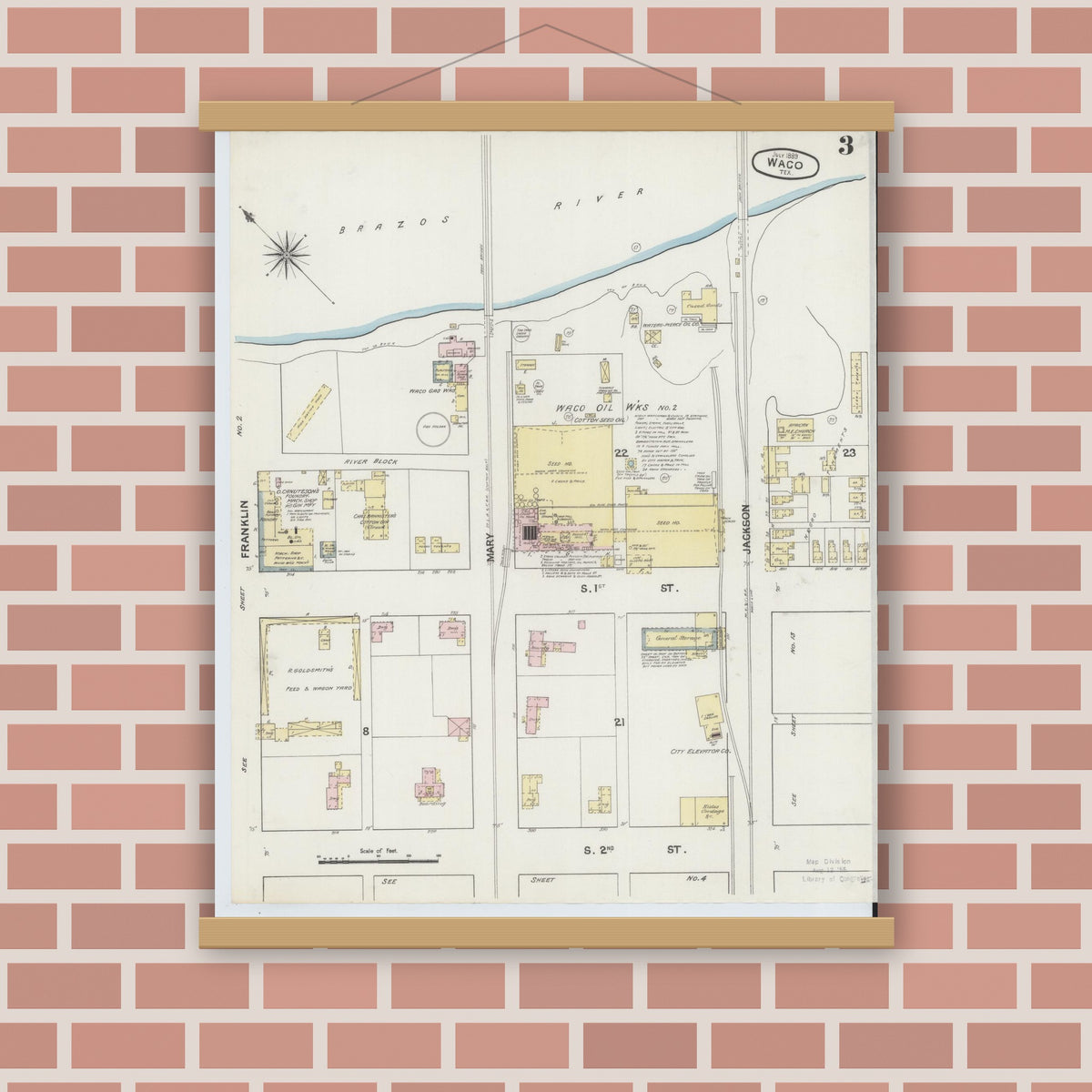 Old map wall art mockup — magnetic wood frame on brick wall — Sanborn Fire Insurance Map from Waco, McLennan County, Texas (1889), Sheet #0003