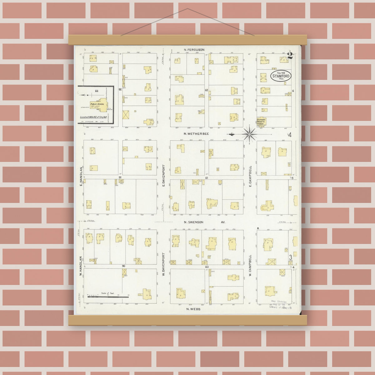 Old map wall art mockup — magnetic wood frame on brick wall — Sanborn Fire Insurance Map from Stamford, Jones County, Texas (1908), Sheet #0002