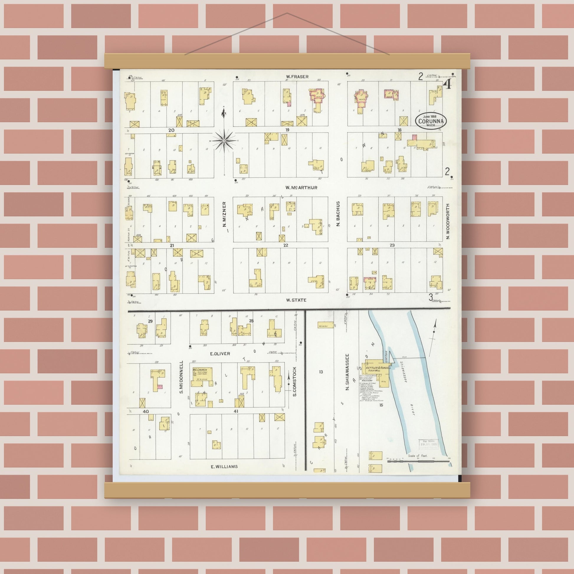 Old map wall art mockup — magnetic wood frame on brick wall — Sanborn Fire Insurance Map from Corunna, Shiawassee County, Michigan (1908), Sheet #0004