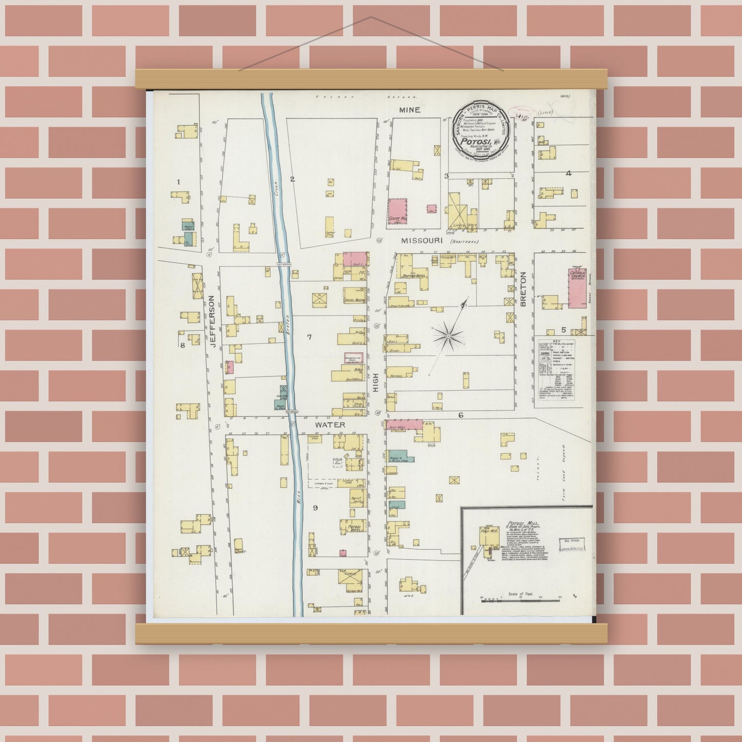 Old map wall art mockup — magnetic wood frame on brick wall — Sanborn Fire Insurance Map from Potosi, Washington County, Missouri (1893), Sheet #0001