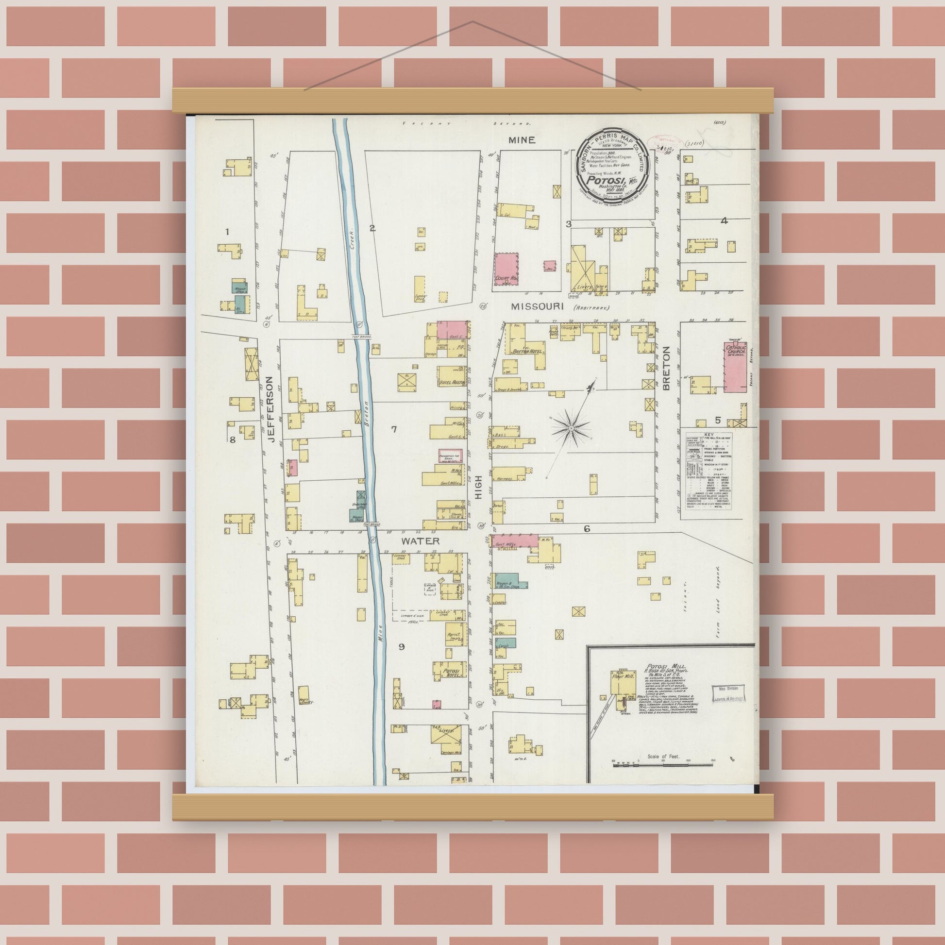 Old map wall art mockup — magnetic wood frame on brick wall — Sanborn Fire Insurance Map from Potosi, Washington County, Missouri (1893), Sheet #0001