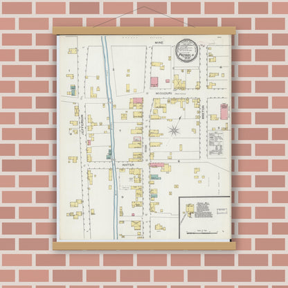 Old map wall art mockup — magnetic wood frame on brick wall — Sanborn Fire Insurance Map from Potosi, Washington County, Missouri (1893), Sheet #0001