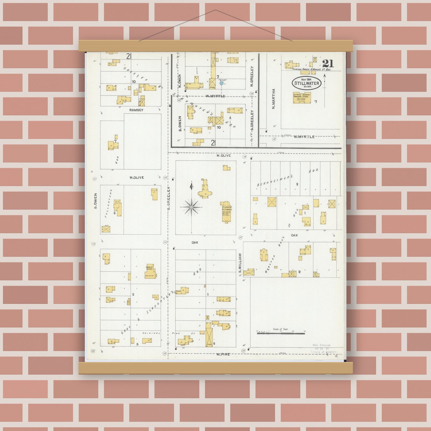 Old map wall art mockup — magnetic wood frame on brick wall — Sanborn Fire Insurance Map from Stillwater, Washington County, Minnesota (1904), Sheet #0021