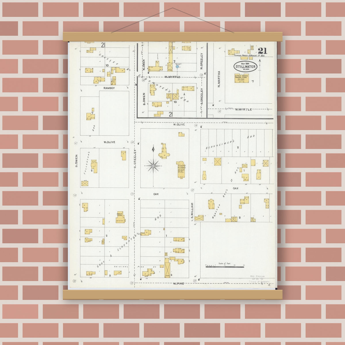 Old map wall art mockup — magnetic wood frame on brick wall — Sanborn Fire Insurance Map from Stillwater, Washington County, Minnesota (1904), Sheet #0021