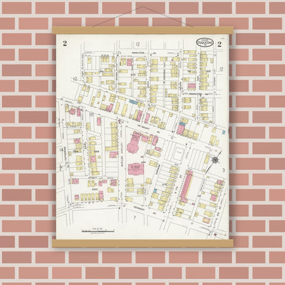 Old map wall art mockup — magnetic wood frame on brick wall — Sanborn Fire Insurance Map from Duquesne, Allegheny County, Pennsylvania (1925), Sheet #0002