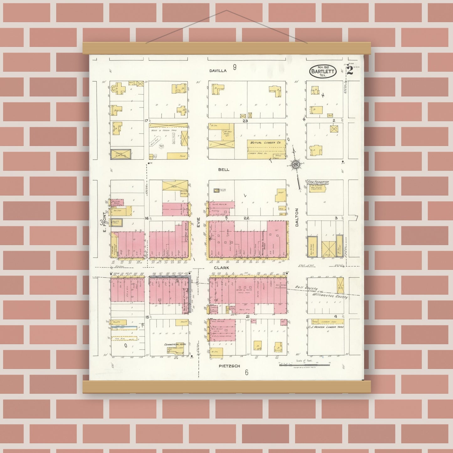 Old map wall art mockup — magnetic wood frame on brick wall — Sanborn Fire Insurance Map from Bartlett, Bell and Williamson Counties, Texas (1921), Sheet #0002