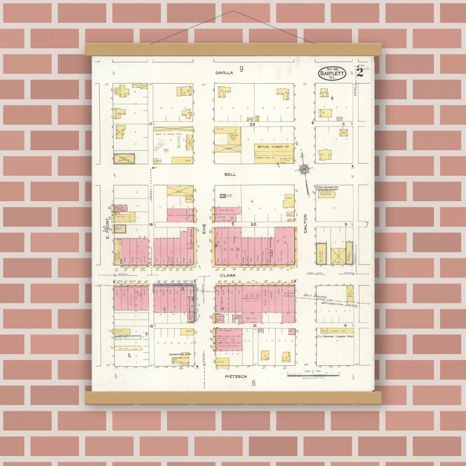 Old map wall art mockup — magnetic wood frame on brick wall — Sanborn Fire Insurance Map from Bartlett, Bell and Williamson Counties, Texas (1921), Sheet #0002