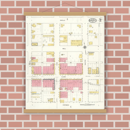 Old map wall art mockup — magnetic wood frame on brick wall — Sanborn Fire Insurance Map from Bartlett, Bell and Williamson Counties, Texas (1921), Sheet #0002