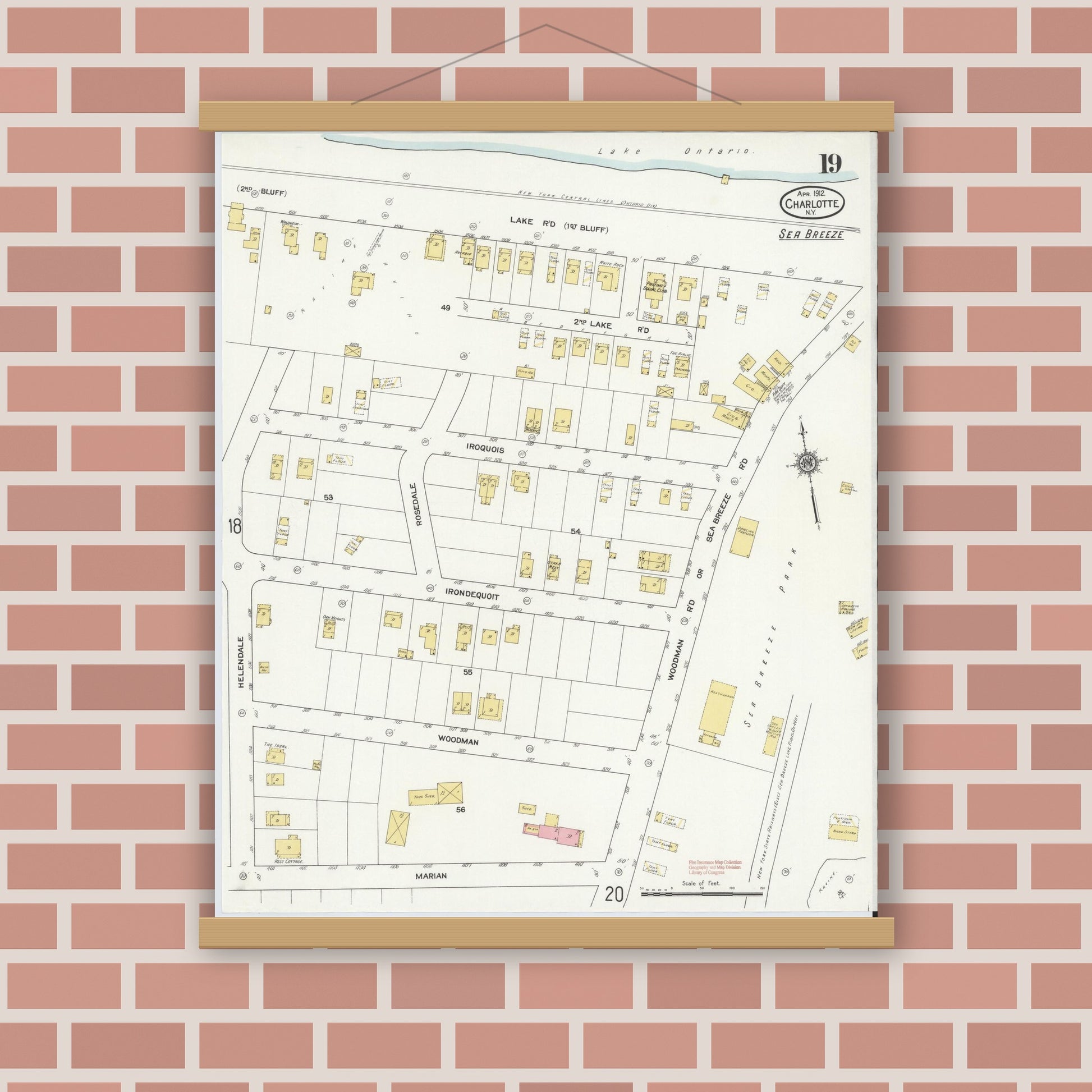 Old map wall art mockup — magnetic wood frame on brick wall — Sanborn Fire Insurance Map from Charlotte, Monroe County, New York (1912), Sheet #0019