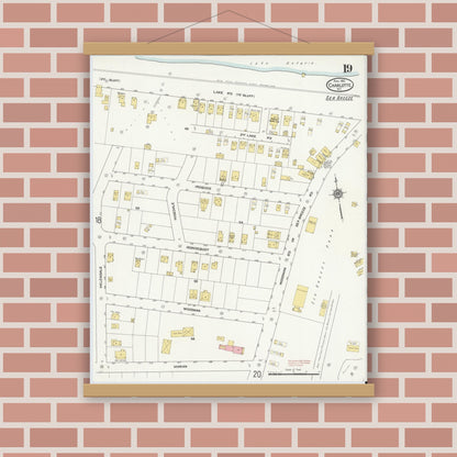 Old map wall art mockup — magnetic wood frame on brick wall — Sanborn Fire Insurance Map from Charlotte, Monroe County, New York (1912), Sheet #0019