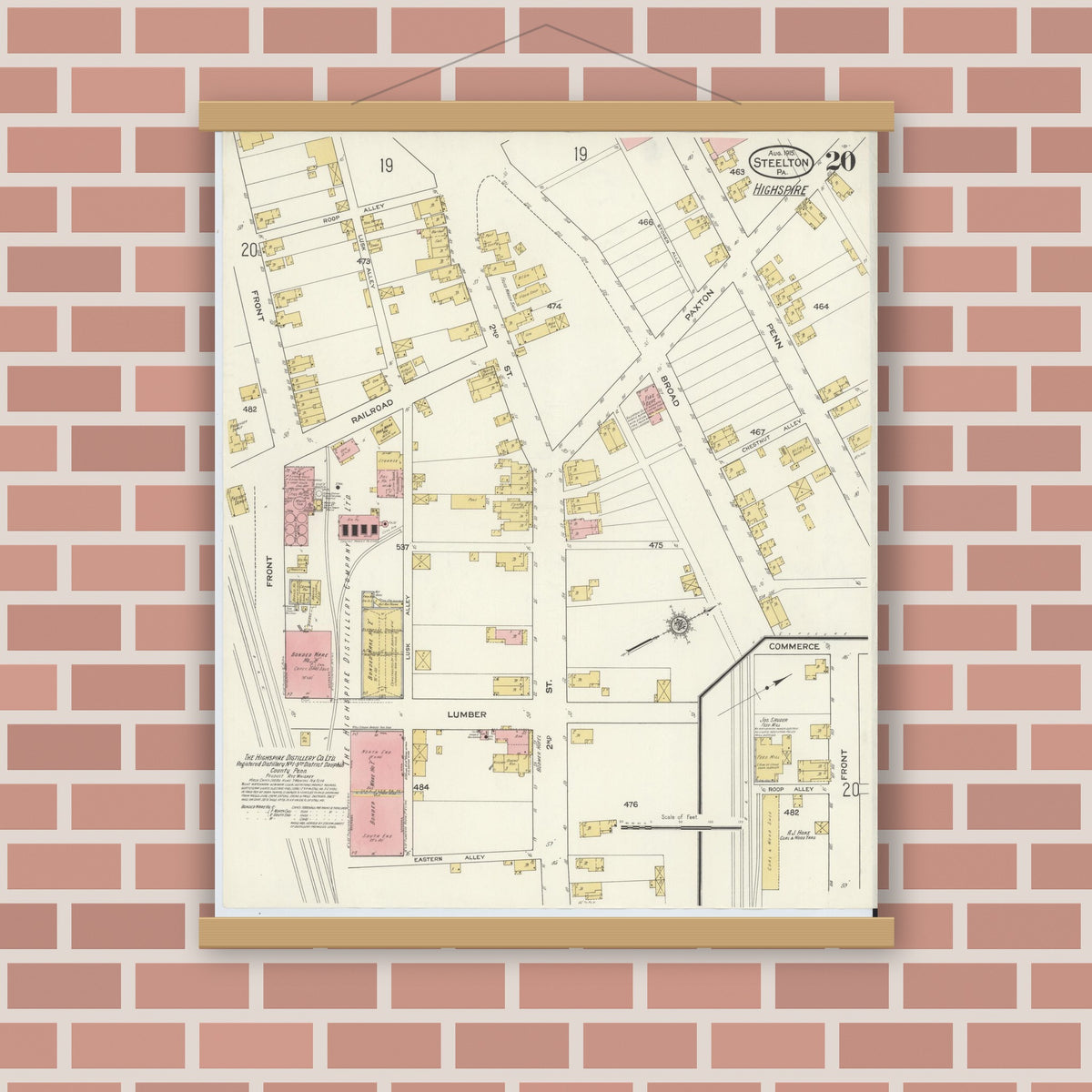 Old map wall art mockup — magnetic wood frame on brick wall — Sanborn Fire Insurance Map from Steelton, Dauphin County, Pennsylvania (1915), Sheet #0020