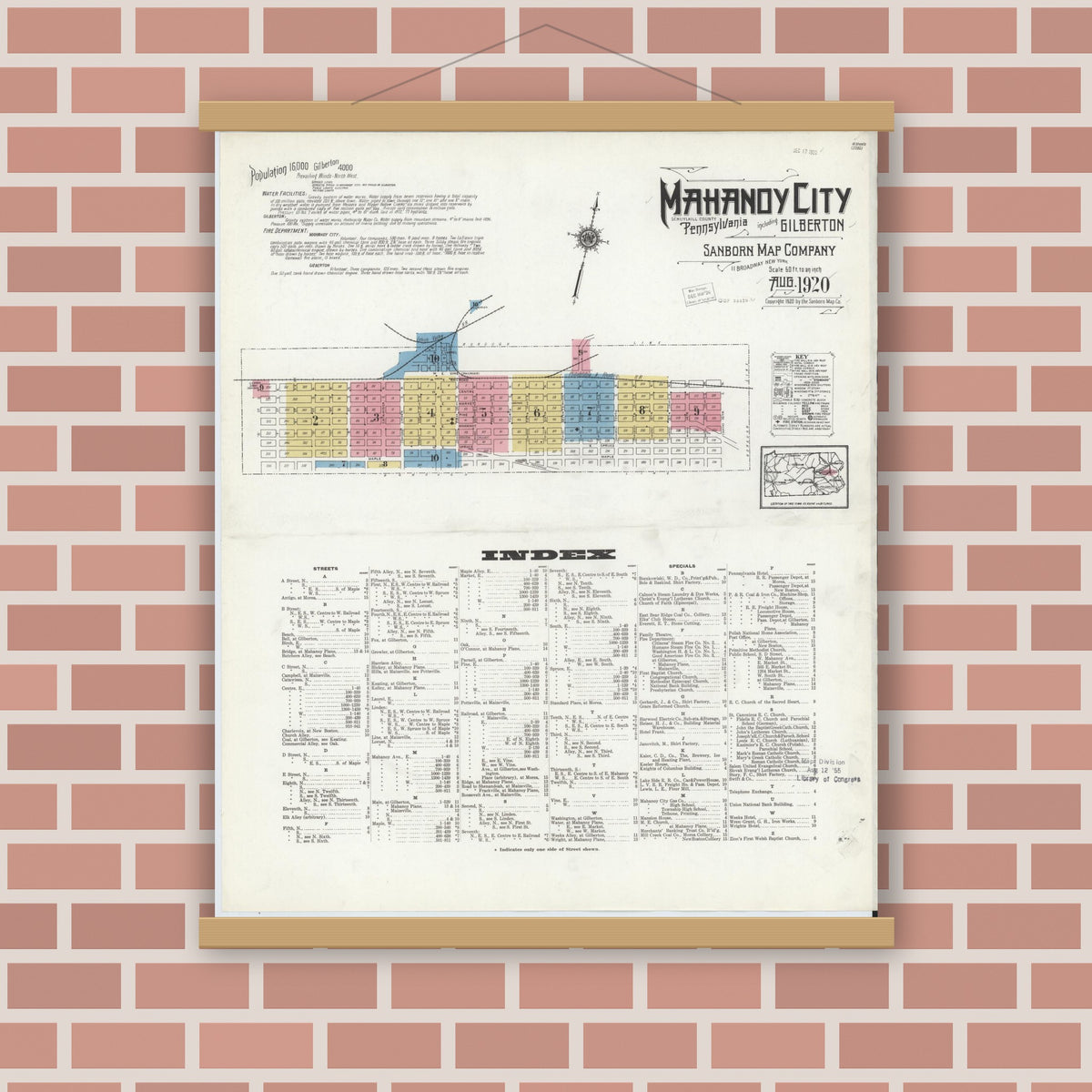 Old map wall art mockup — magnetic wood frame on brick wall — Sanborn Fire Insurance Map from Mahanoy City, Schuylkill County, Pennsylvania (1920) - Complete Map Set