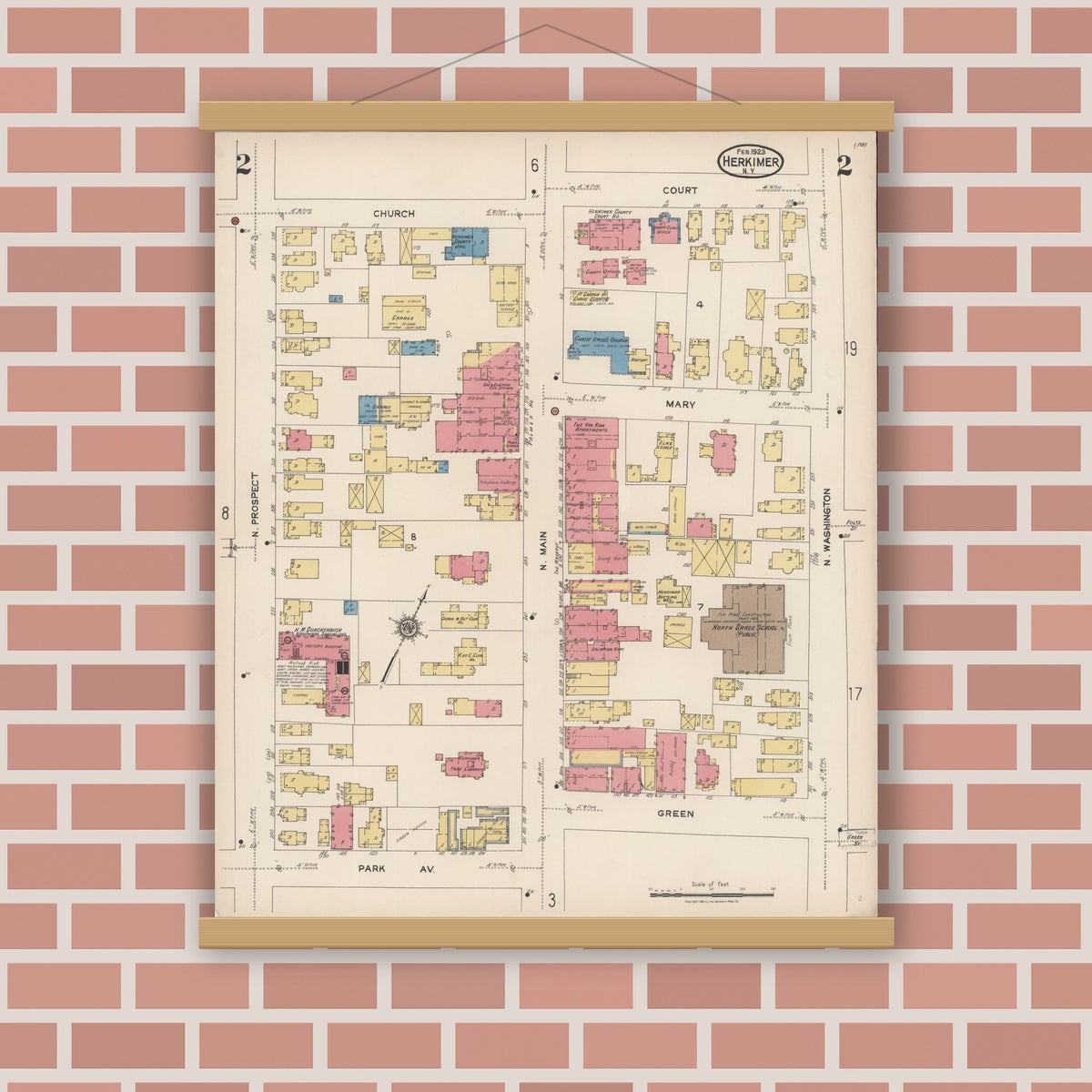 Old map wall art mockup — magnetic wood frame on brick wall — Sanborn Fire Insurance Map from Herkimer, Herkimer County, New York (1923) - Complete Map Set