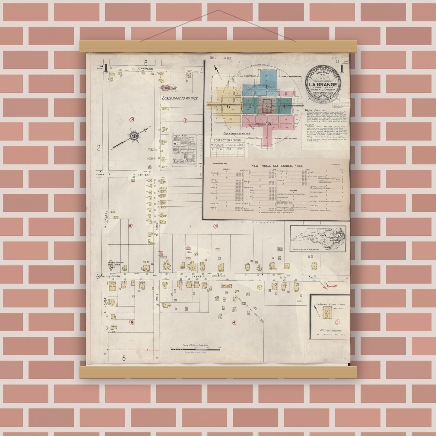 Old map wall art mockup — magnetic wood frame on brick wall — Sanborn Fire Insurance Map from La Grange, Lenoir County, North Carolina (1944), Sheet #0001
