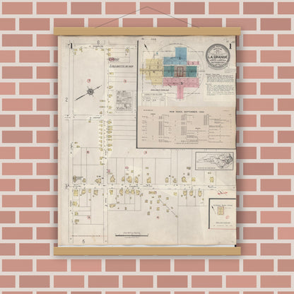 Old map wall art mockup — magnetic wood frame on brick wall — Sanborn Fire Insurance Map from La Grange, Lenoir County, North Carolina (1944), Sheet #0001