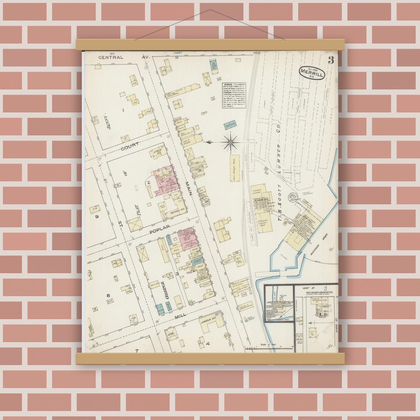 Old map wall art mockup — magnetic wood frame on brick wall — Sanborn Fire Insurance Map from Merrill, Lincoln County, Wisconsin (1884), Sheet #0003