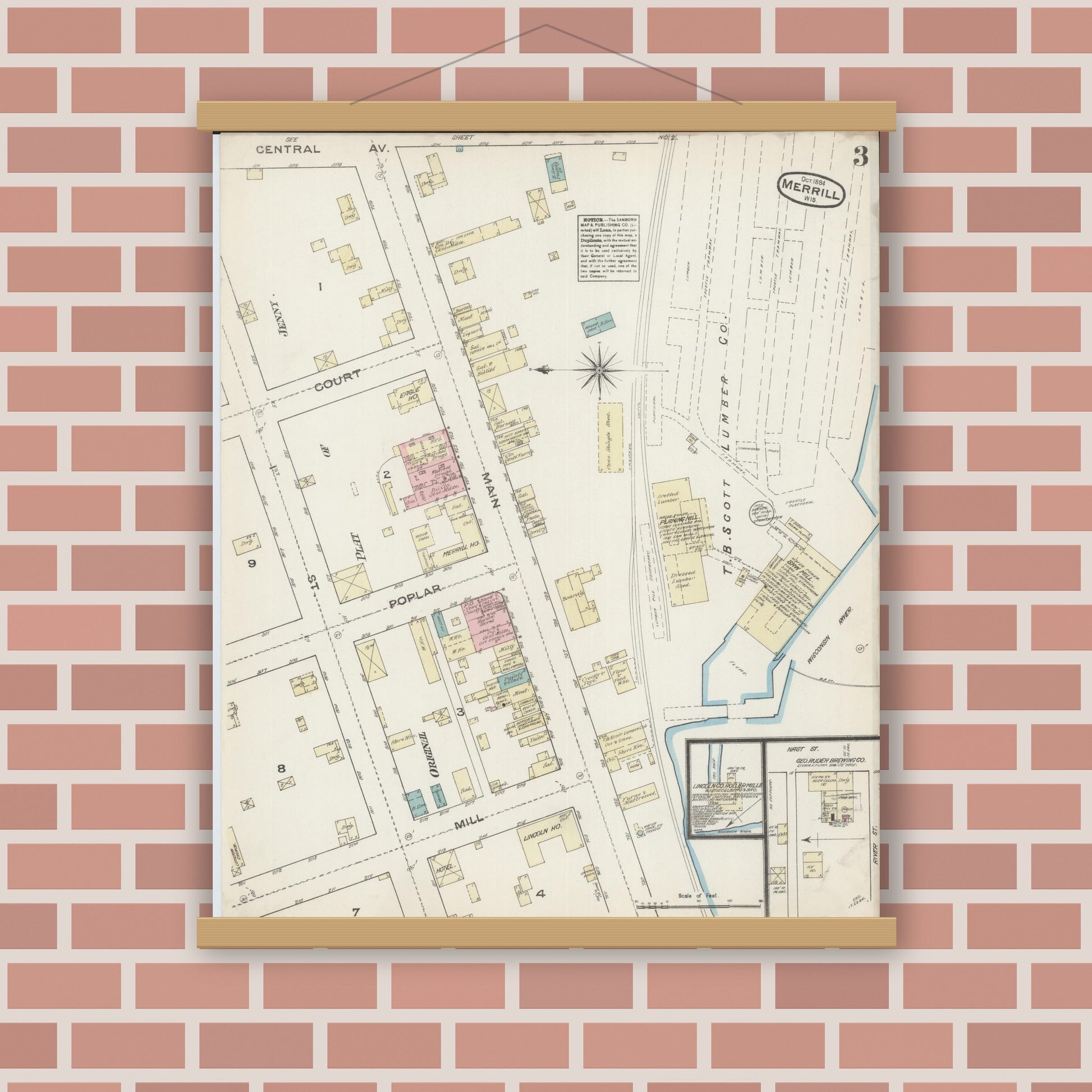 Old map wall art mockup — magnetic wood frame on brick wall — Sanborn Fire Insurance Map from Merrill, Lincoln County, Wisconsin (1884), Sheet #0003
