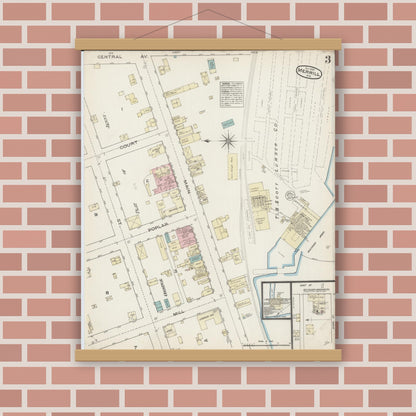 Old map wall art mockup — magnetic wood frame on brick wall — Sanborn Fire Insurance Map from Merrill, Lincoln County, Wisconsin (1884), Sheet #0003