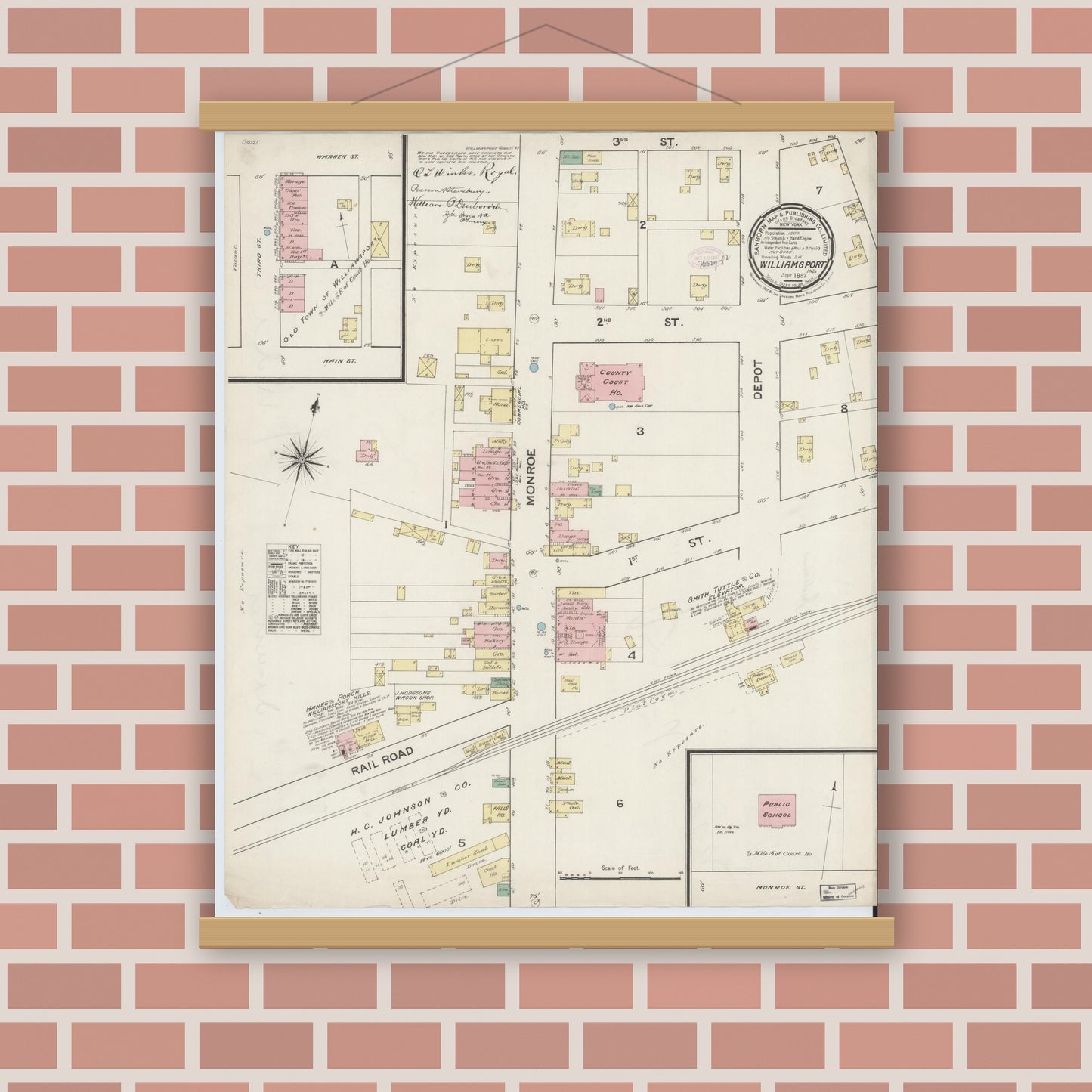 Old map wall art mockup — magnetic wood frame on brick wall — Sanborn Fire Insurance Map from Williamsport, Warren County, Indiana (1887), Sheet #0001