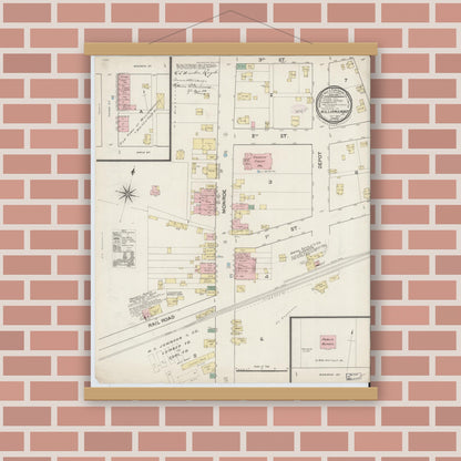 Old map wall art mockup — magnetic wood frame on brick wall — Sanborn Fire Insurance Map from Williamsport, Warren County, Indiana (1887), Sheet #0001