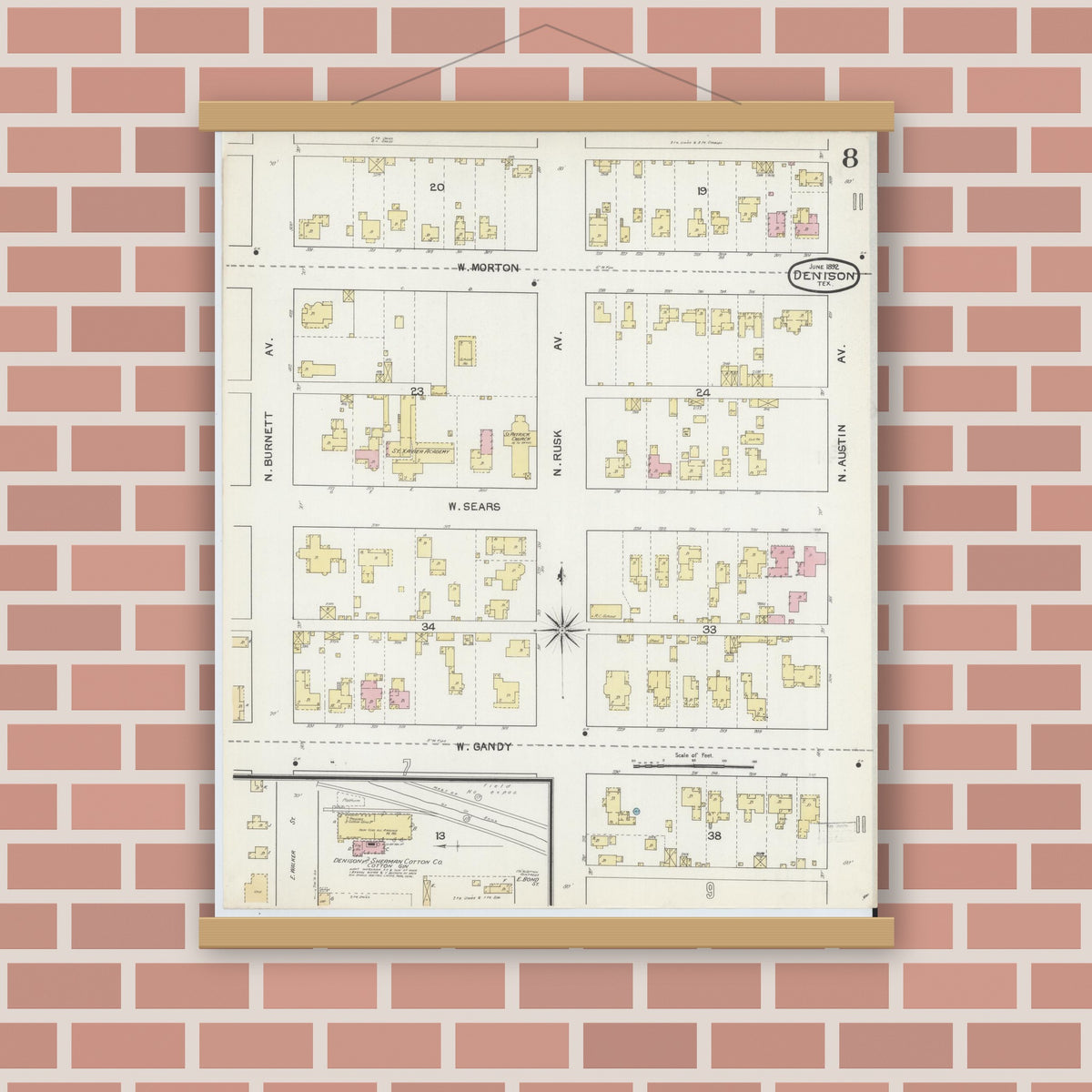 Old map wall art mockup — magnetic wood frame on brick wall — Sanborn Fire Insurance Map from Denison, Grayson County, Texas (1892), Sheet #0008