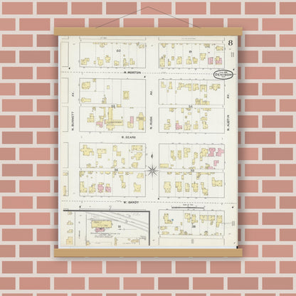 Old map wall art mockup — magnetic wood frame on brick wall — Sanborn Fire Insurance Map from Denison, Grayson County, Texas (1892), Sheet #0008