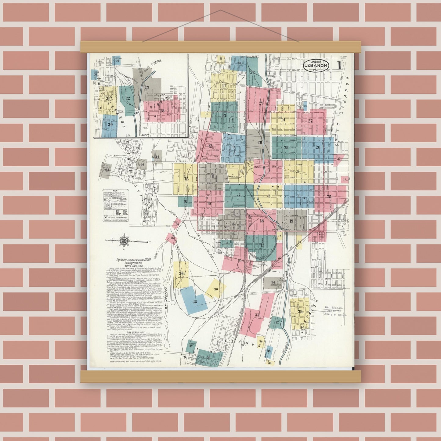Old map wall art mockup — magnetic wood frame on brick wall — Sanborn Fire Insurance Map from Lebanon, Lebanon County, Pennsylvania (1912), Sheet #0001
