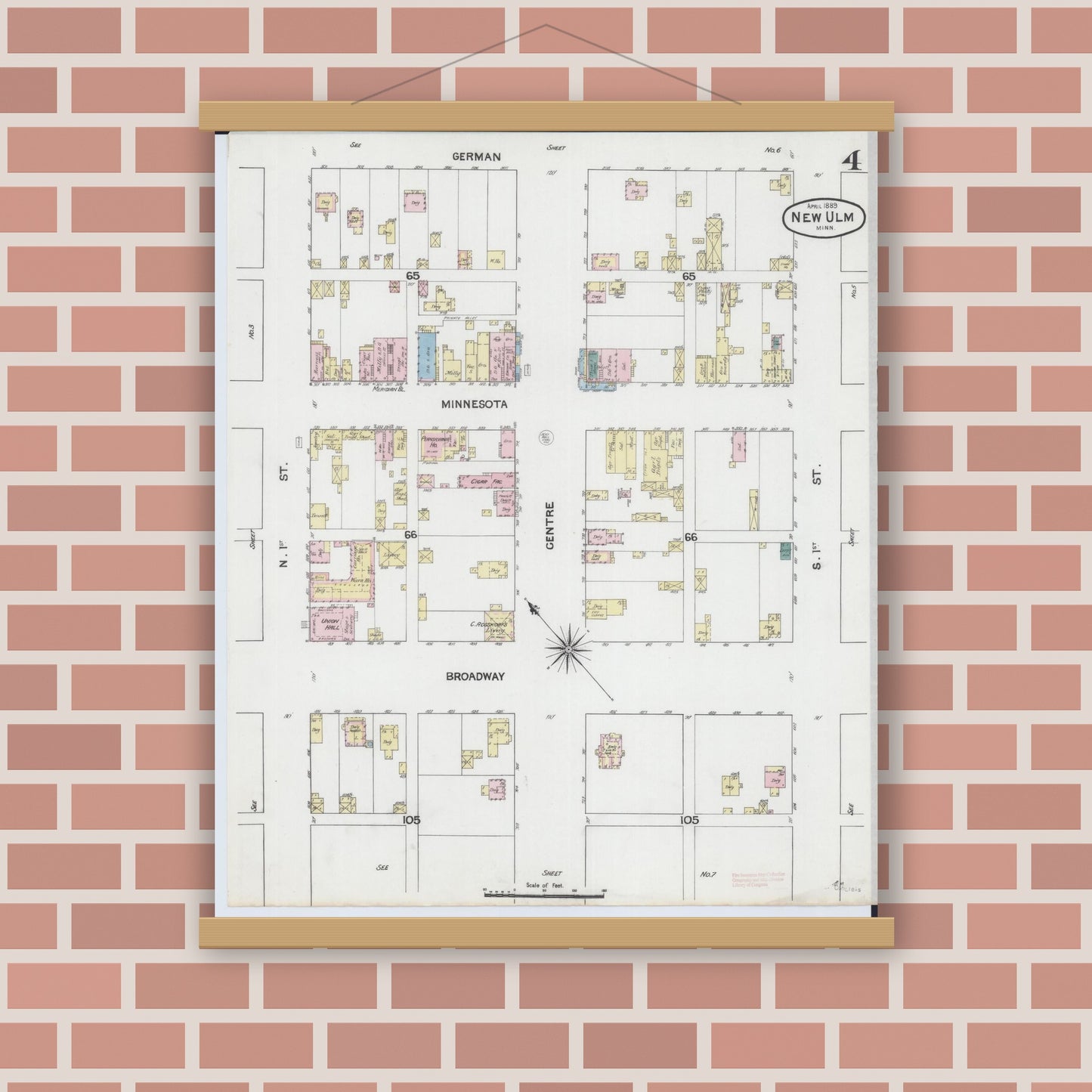 Old map wall art mockup — magnetic wood frame on brick wall — Sanborn Fire Insurance Map from New Ulm, Brown County, Minnesota (1889), Sheet #0004