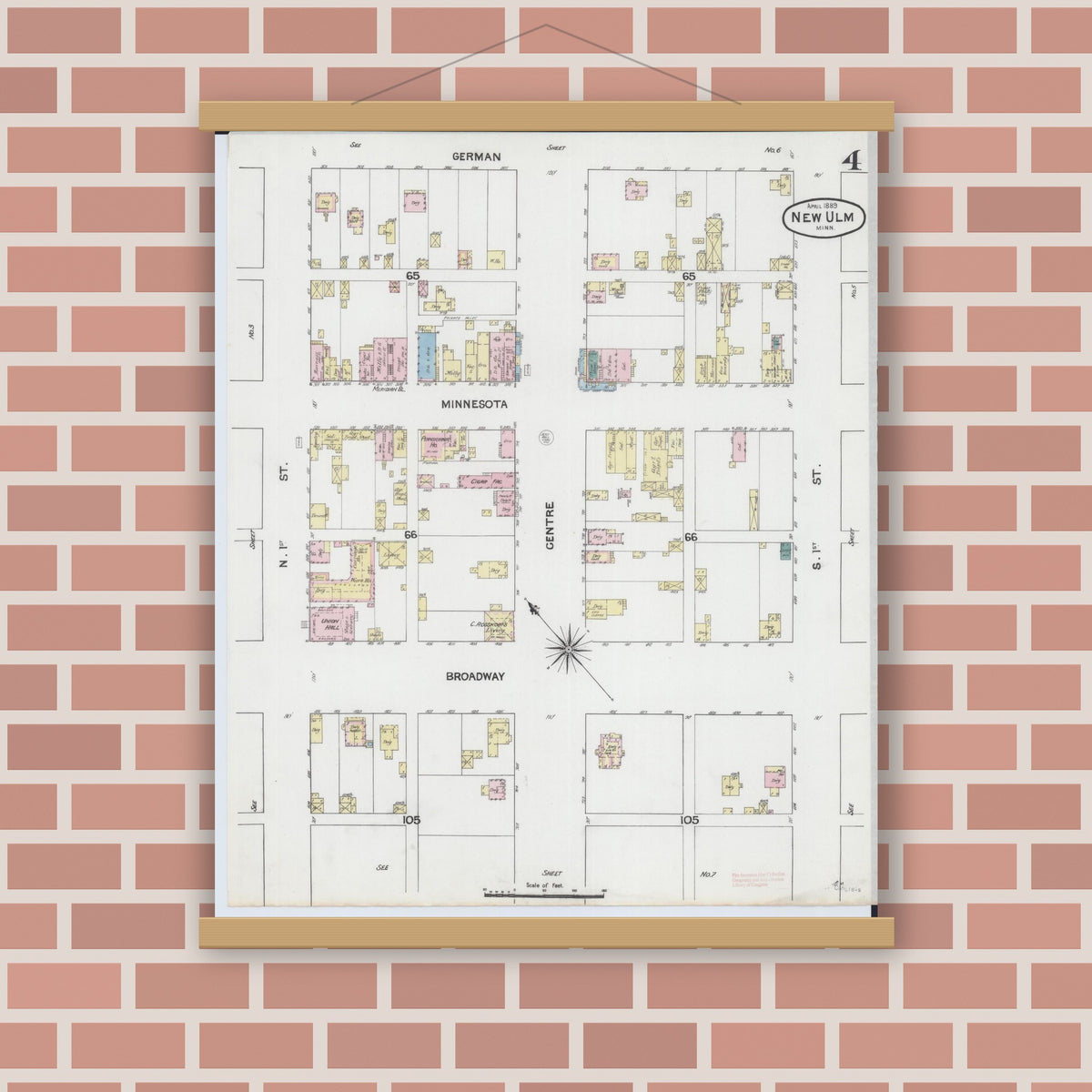 Old map wall art mockup — magnetic wood frame on brick wall — Sanborn Fire Insurance Map from New Ulm, Brown County, Minnesota (1889), Sheet #0004