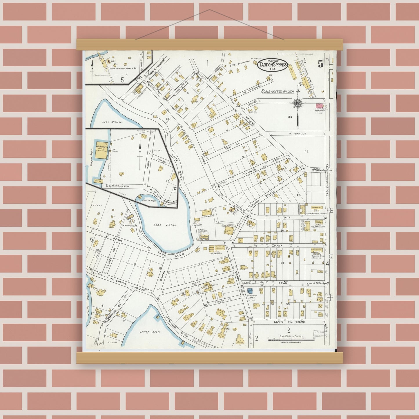 Old map wall art mockup — magnetic wood frame on brick wall — Sanborn Fire Insurance Map from Tarpon Springs, Pinellas County, Florida (1919), Sheet #0005