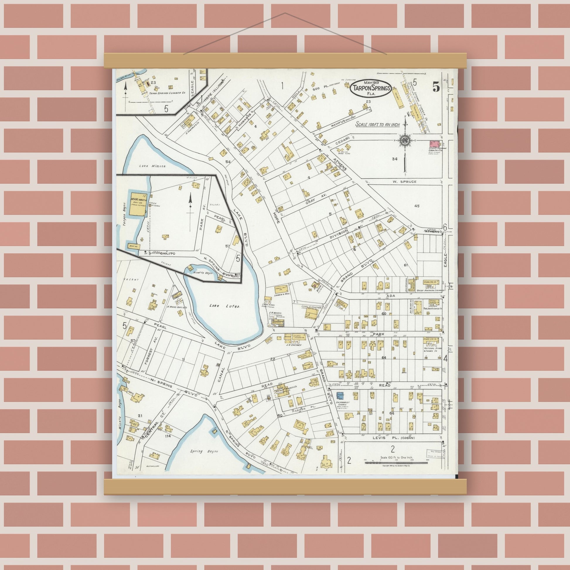 Old map wall art mockup — magnetic wood frame on brick wall — Sanborn Fire Insurance Map from Tarpon Springs, Pinellas County, Florida (1919), Sheet #0005