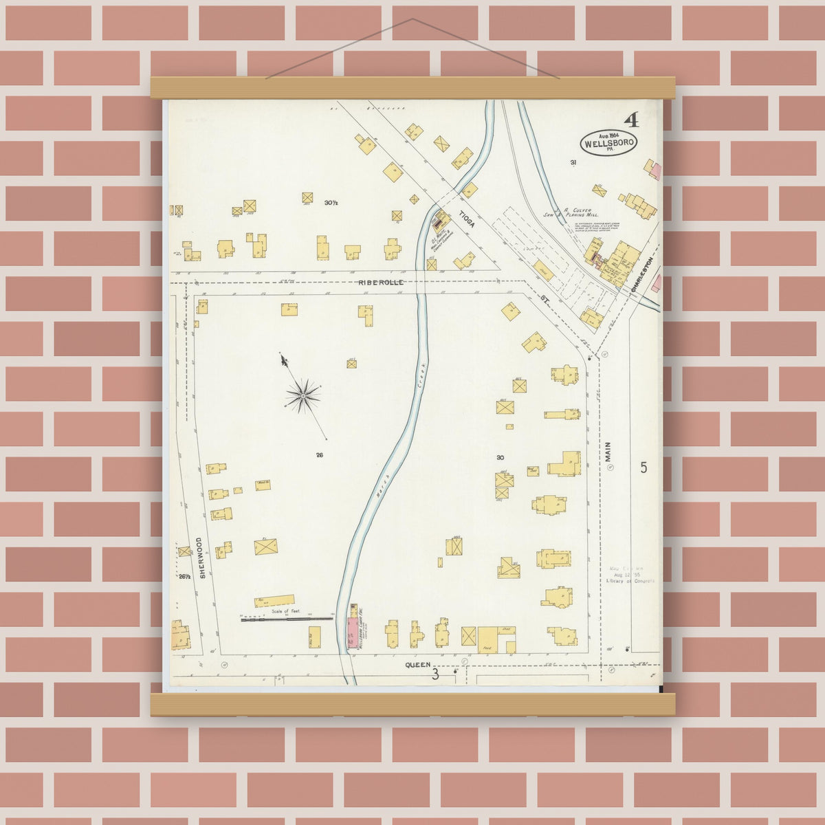 Old map wall art mockup — magnetic wood frame on brick wall — Sanborn Fire Insurance Map from Wellsboro, Tioga County, Pennsylvania (1904), Sheet #0004