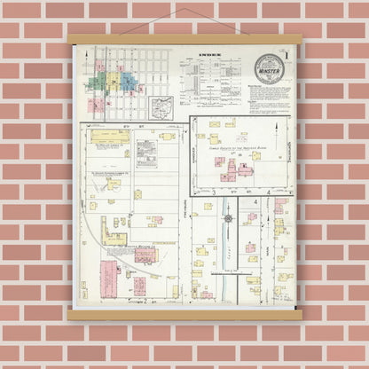 Old map wall art mockup — magnetic wood frame on brick wall — Sanborn Fire Insurance Map from Minster, Auglaize County, Ohio (1914) - Complete Map Set