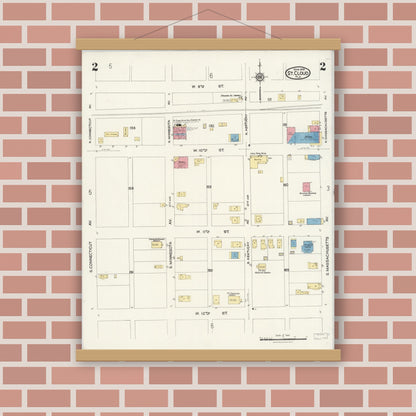 Old map wall art mockup — magnetic wood frame on brick wall — Sanborn Fire Insurance Map from Saint Cloud, Osceola County, Florida (1924), Sheet #0002