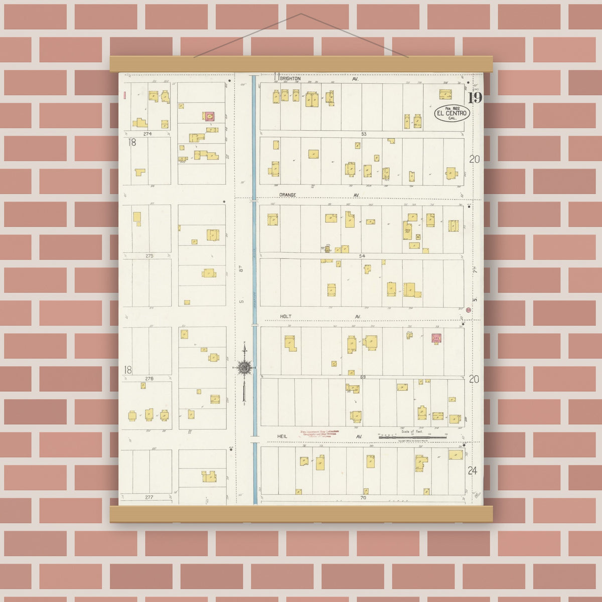 Old map wall art mockup — magnetic wood frame on brick wall — Sanborn Fire Insurance Map from El Centro, Imperial County, California (1922), Sheet #0019