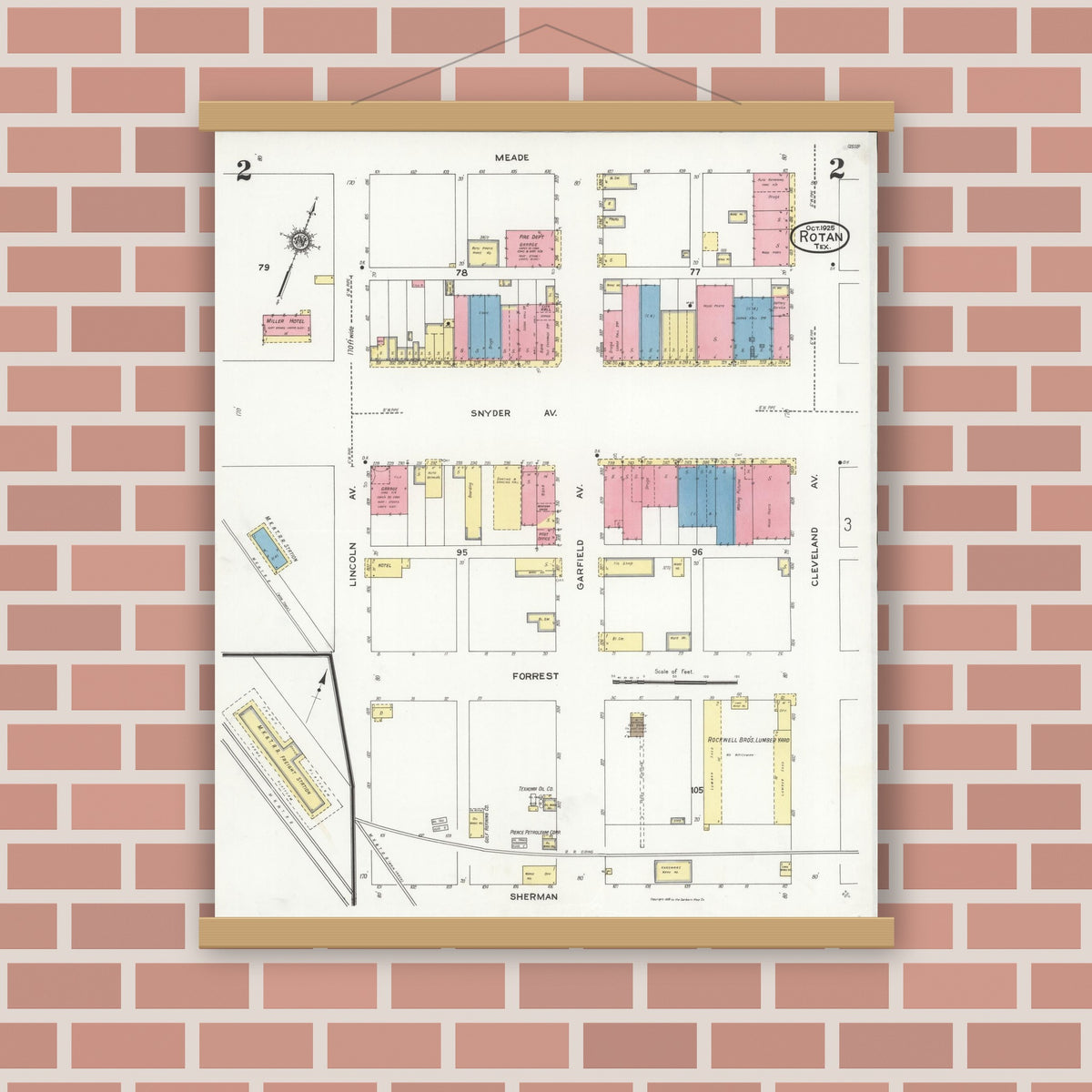 Old map wall art mockup — magnetic wood frame on brick wall — Sanborn Fire Insurance Map from Rotan, Fisher County, Texas (1925), Sheet #0002