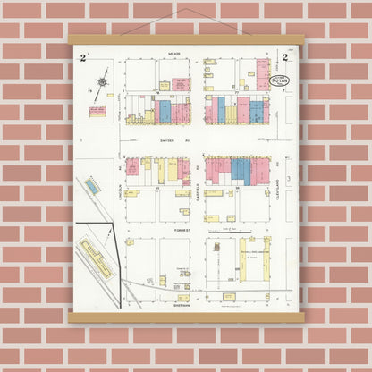 Old map wall art mockup — magnetic wood frame on brick wall — Sanborn Fire Insurance Map from Rotan, Fisher County, Texas (1925), Sheet #0002
