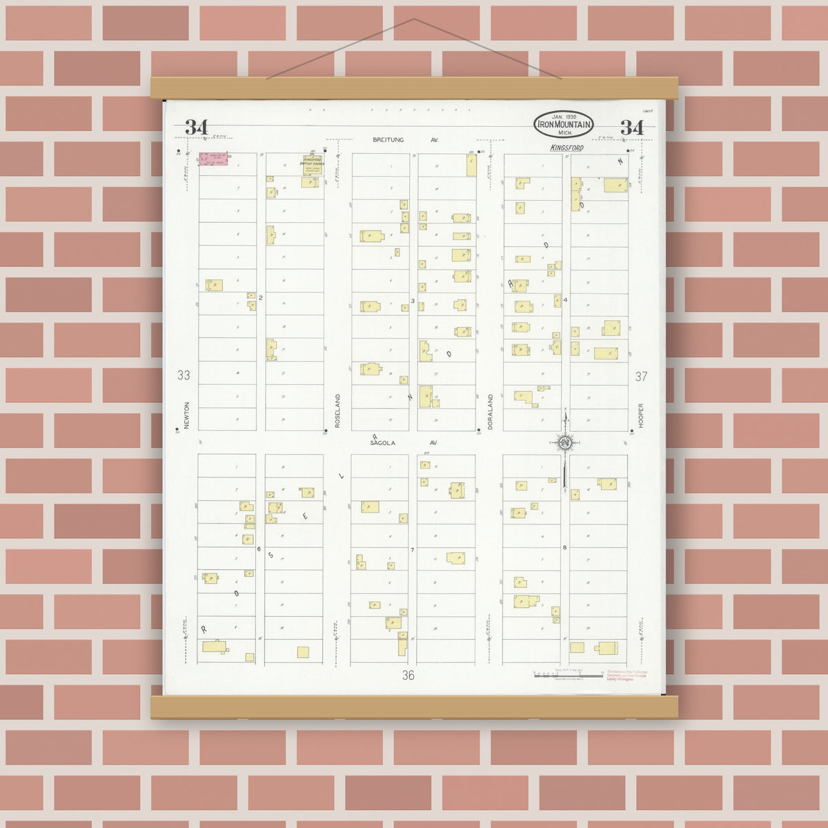 Old map wall art mockup — magnetic wood frame on brick wall — Sanborn Fire Insurance Map from Iron Mountain, Dickinson County, Michigan (1930), Sheet #0034