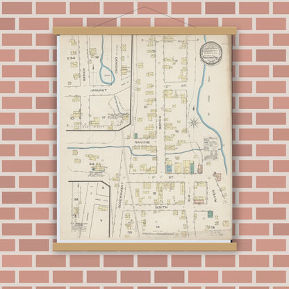 Old map wall art mockup — magnetic wood frame on brick wall — Sanborn Fire Insurance Map from Taylors Falls, Chisago County, Minnesota (1885), Sheet #0001