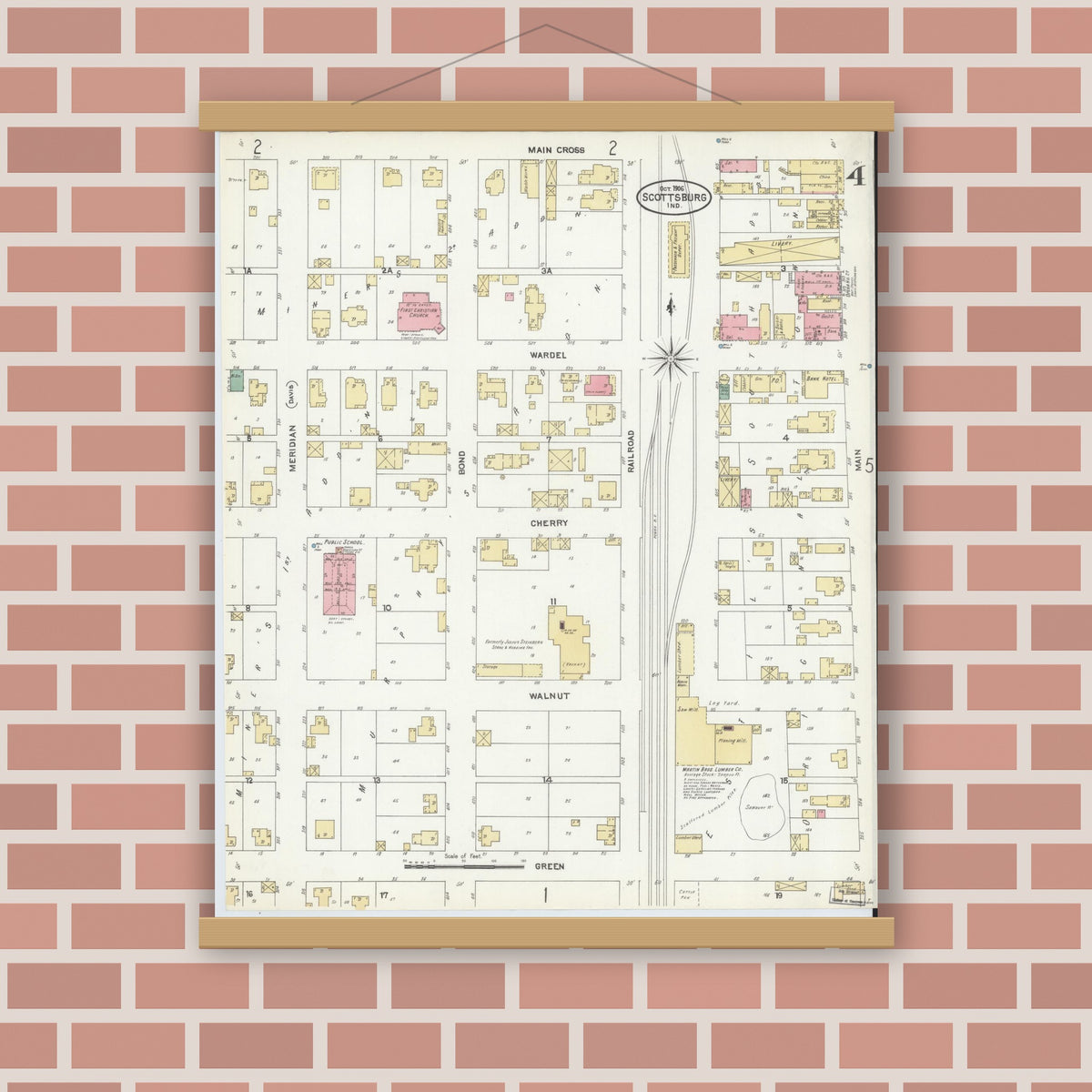 Old map wall art mockup — magnetic wood frame on brick wall — Sanborn Fire Insurance Map from Scottsburg, Scott County, Indiana (1906), Sheet #0004