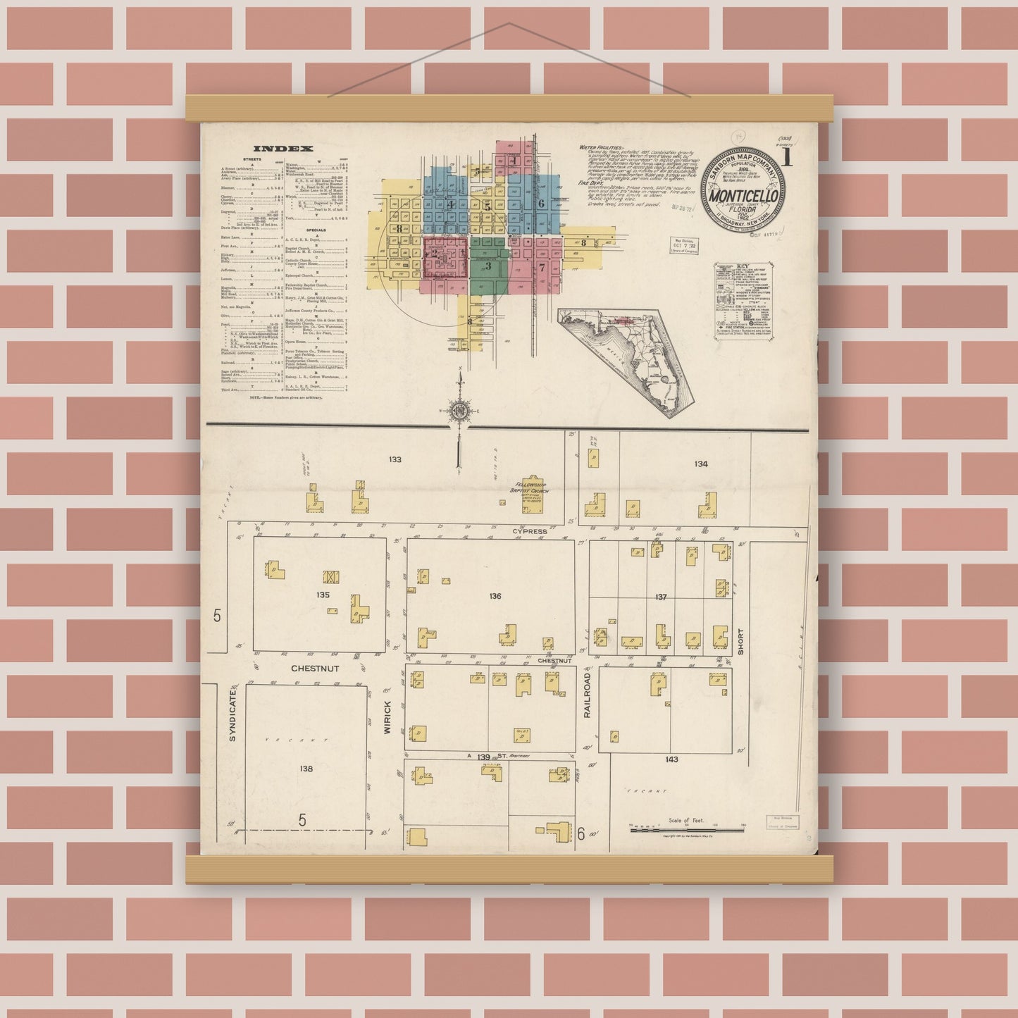 Old map wall art mockup — magnetic wood frame on brick wall — Sanborn Fire Insurance Map from Monticello, Jefferson County, Florida (1922), Sheet #0001