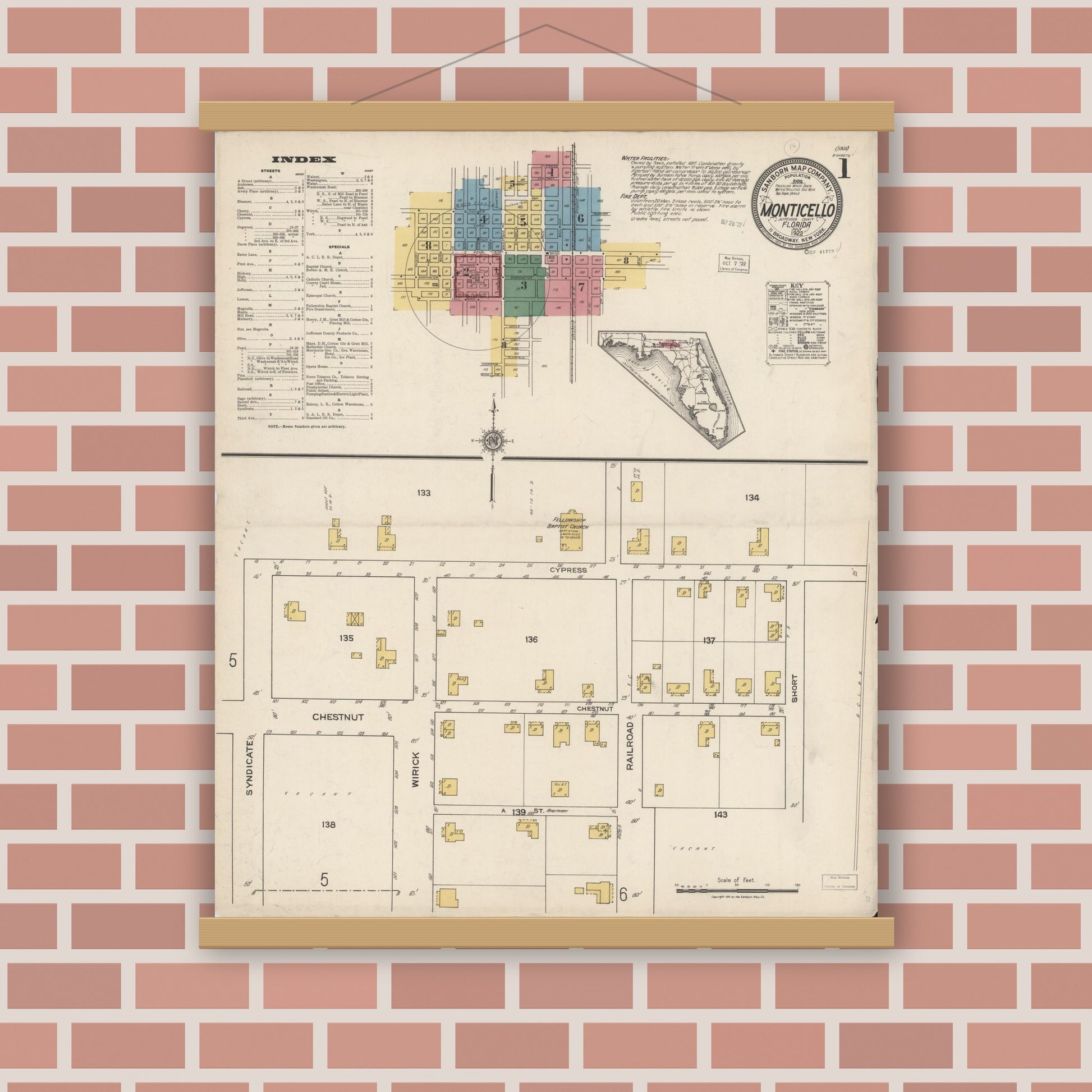 Old map wall art mockup — magnetic wood frame on brick wall — Sanborn Fire Insurance Map from Monticello, Jefferson County, Florida (1922), Sheet #0001