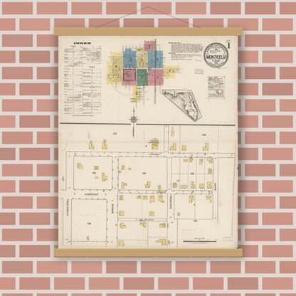 Old map wall art mockup — magnetic wood frame on brick wall — Sanborn Fire Insurance Map from Monticello, Jefferson County, Florida (1922), Sheet #0001