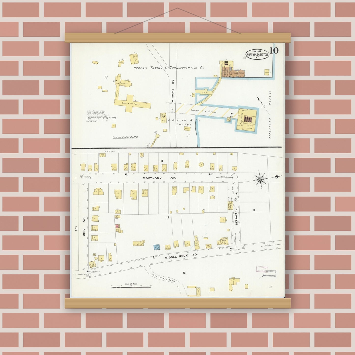 Old map wall art mockup — magnetic wood frame on brick wall — Sanborn Fire Insurance Map from Port Washington, Nassau County, New York (1909), Sheet #0010