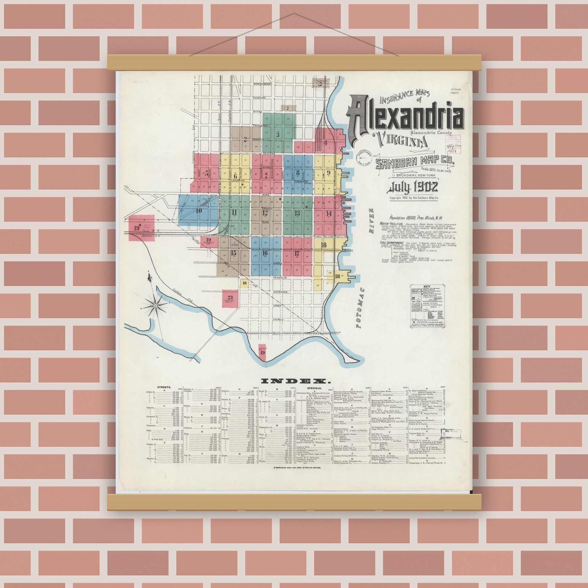 Old map wall art mockup — magnetic wood frame on brick wall — Sanborn Fire Insurance Map from Alexandria, Independent Cities, Virginia (1902) - Complete Map Set